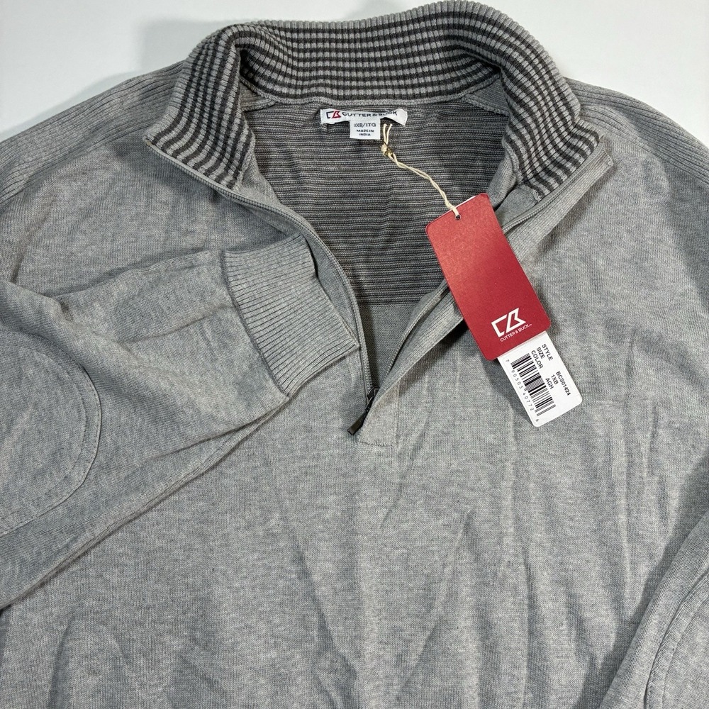 NEW Cutter & Buck Broadview 1/4 Zip Elbow‎ Patch Sweater 1XB XL Gray Soft